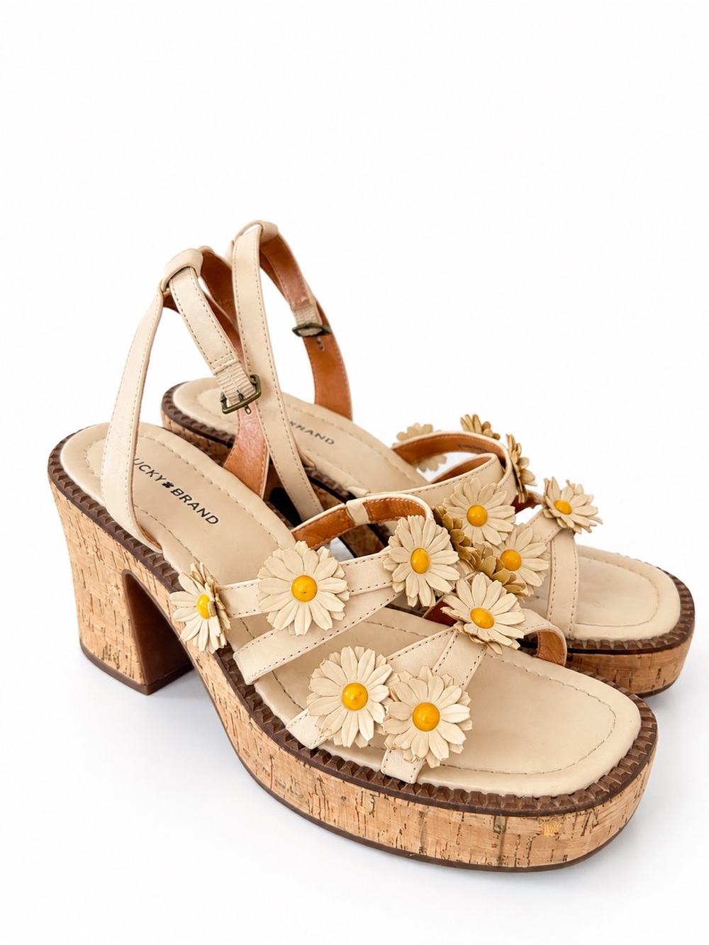 Lucky Brand Beige Floral Cork Platform Heels